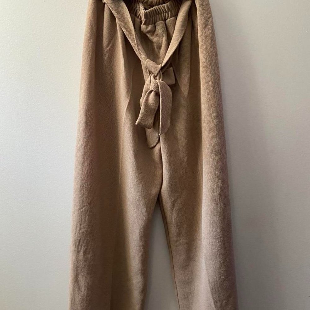 Cute High Waisted Tie Pants With Belt Included Elastic Waistband Tan Camel Color